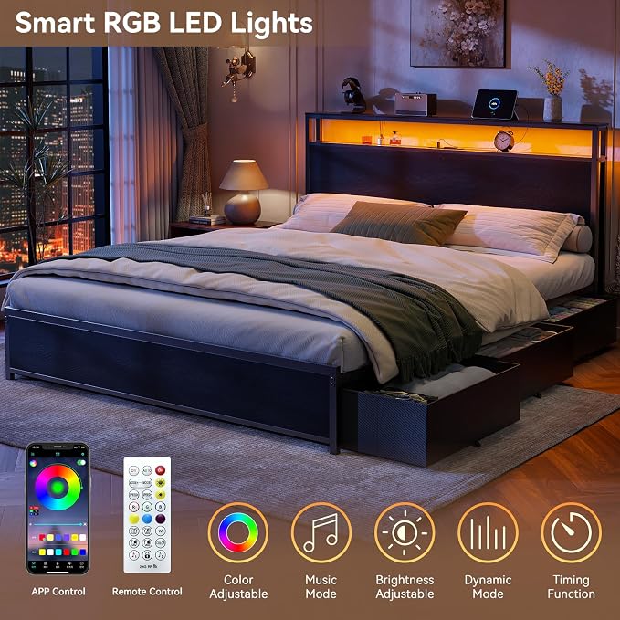Forestell Queen Bed Frame with Headboard & 6 Drawers, Metal Platform Bed Frame Queen Size with LED Lights & Charging Station, 2 Tier Shelf Storage Bedframe-No Box Spring Needed, Noise Free, Black