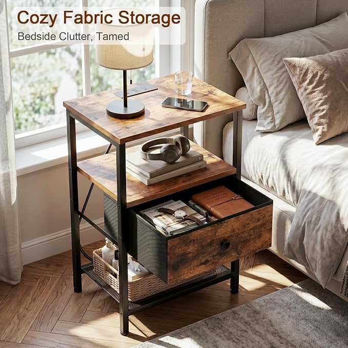 LOAKEKEL Night Stand, Nightstand with Charging Station, Slim Industrial Bedside Table with Fabric Drawer, Small End Table with USB & Type-C Ports for Bedroom, Brown, HETS010BR-1