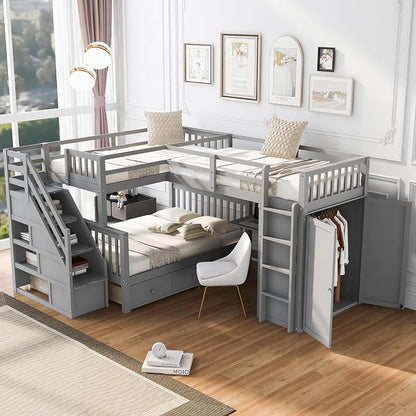 L-Shaped Bunk Bed for 4 Kids, Twin-Twin Over Full with 3 Drawers, Portable Desk and Wardrobe, Solid Wood Bedframe with Stairs and Full-Length Guardrails, No Box Spring Needed (Gray)