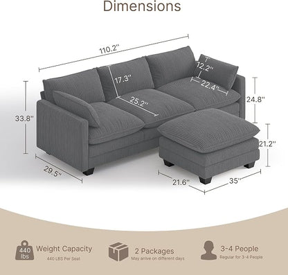 Gizoon 110'' Oversized L Shaped Couch for Living Room, Cloud Couches with Washable Corduroy Cover, Modern 4-Seater Comfy Deep-Seat Sofa with Movable Ottoman and 2 Throw Pillows for Apartment, Gray