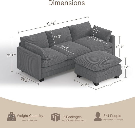 Gizoon 110'' Oversized L Shaped Couch for Living Room, Cloud Couches with Washable Corduroy Cover, Modern 4-Seater Comfy Deep-Seat Sofa with Movable Ottoman and 2 Throw Pillows for Apartment, Gray