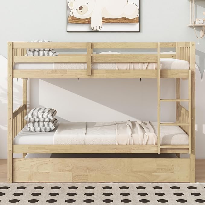 Harper & Bright Designs Convertible Wood Twin-Over-Twin Bunk Bed with Trundle and Ladder - Can Be Divided Into Two Platform Beds, White Oak