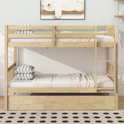 Merax Twin-Over-Twin Bunk Bed with Movable Trundle, Solid Wood Detachable Bunk Bed with Safety Guardrial and Ladder, Can be Converted Into 3 Separate Beds(Natural)