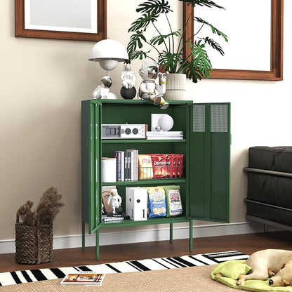 Metal Storage Locker Cabinet with 2 Doors & Adjustable Shelves, 47" Green Accent Furniture, Multipurpose Office Dresser or TV Stand for Home Entryway