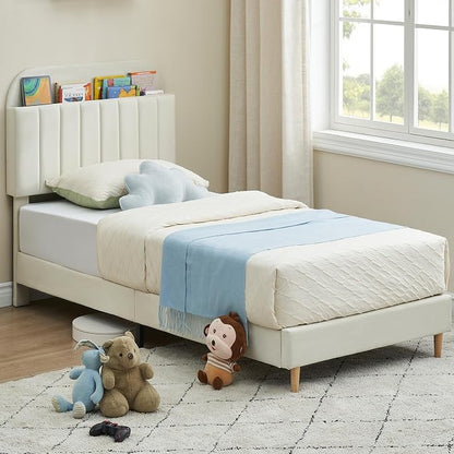 IDEALHOUSE Twin Bed Frames, Upholstered Platform Bed Frame with Bookcase Headboard, Velvet Platform Bed Mattress Foundation, Heavy Duty Steel Support Legs, Easy Assembly, Noise Free, Cream White