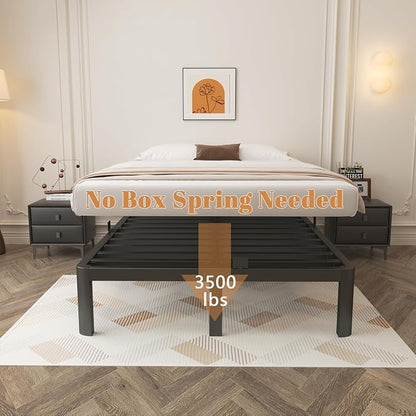 12 Inch King Size Bed Frame with Metal Gaskets, Black Bed Frame King Platform No Box Spring Needed, Heavy Duty Steel Support, Round Corner Design, Reserved Holes, Storage Space, Noiseless