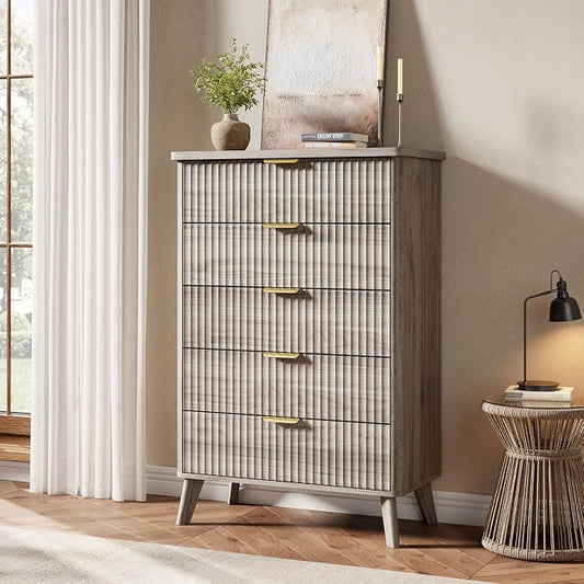 GarveeHome Fluted Dresser for Bedroom with 5 Deep Drawers, 47.2 in Tall Chest of Drawers, Curved Profile Design, Modern Wooden Dresser, for Living Room, Kids Room, Hallway, Grey