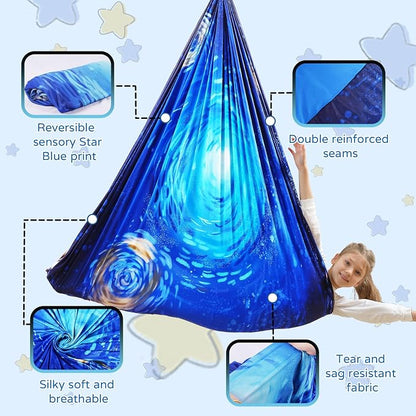 Sensory Swing for Kids Indoor & Outdoor Double Layer Therapy Cuddle Hammock Chair with 360 Swivel Hanger Kit Adjustable Swing for Child and Adult with Aspergers Autism ADHD (Ocean Blue)
