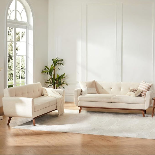 Kingfun 2 Piece Loveseat and Sofa Sets, Mid Century Modern Decor Love Seat Couches for Living Room, Button Tufted Upholstered Furniture, Easy to Install Small Couch for Bedroom, Office, Beige | linen fabric