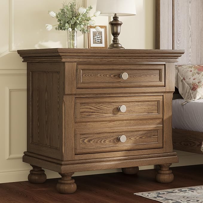 AMERLIFE Solid Wood 3 Piece Bedroom Set Including 65.2" High Queen Bed Frame, Fully Assembled Nightstands Set of 2 with 2 Storage Drawers for Bedroom, Light Brown