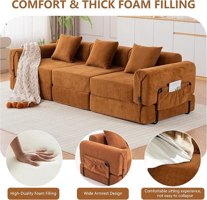 Cloud Modular Sectional Sofa, Foldable Floor Couch Bed, Convertible Sleeper Sofa Bed, Fold Out Boneless Couches for Living Room, Office, Guest Room, Apartment (3 Seater Couch, Orange)