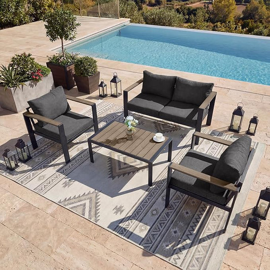 Patio Furniture Set 4 Seats and Coffee Table, Patio Conversation Set with Washable Thick Cushions, Deluxe Aluminum Modern Outside Sectional for Porch, Balcony, Deck, Yard, Dark Gray