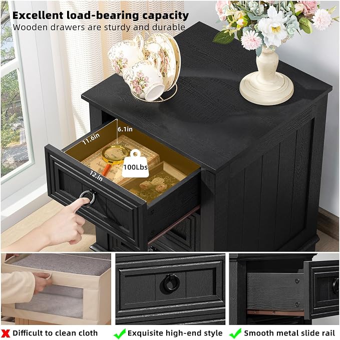 Joaxswe Farmhouse Night Stand Set of 2, 18" End Table with 3 Drawer Metal Handle, Dresser for Bedroom, Sofa Bed Side Table Chest of Drawers,Wood Nightstand Cabinet for Organizer, Living Room-Black