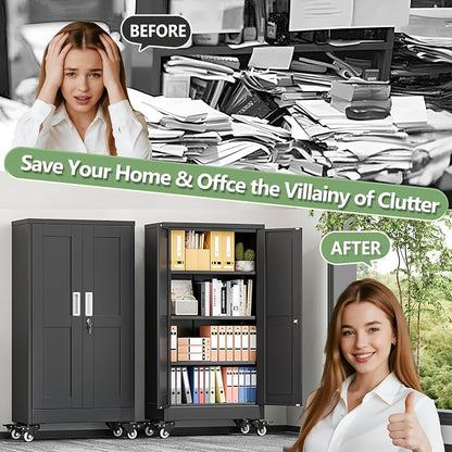 Metal Garage Storage Cabinet, 46”Tall Rolling Utility Cabinet Black | storage system with Wheels, Lock, 3 Adjustable Shelves, Heavy Duty Steel Tool Locker for Home Office, Utility Room, Gym