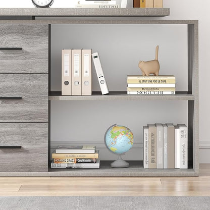 HSH L Shape Desk with Drawers, L-Shaped Desk with Storage Cabinet Shelves, Home Office Corner Computer Desk for Executive Writing, Modern Wood Study PC Table in Bedroom Living Room, Grey Oak, 55 Inch