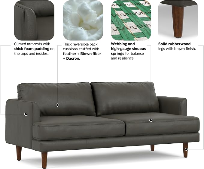 SIMPLIHOME Livingston 76" Wide x 33" High Sofa in Coal Top Grain Genuine Leather, Mid-Century Modern Loveseat for Living Room, Compact 2-Seater with Feather-Wrapped Cushions and Solid Wood Frame