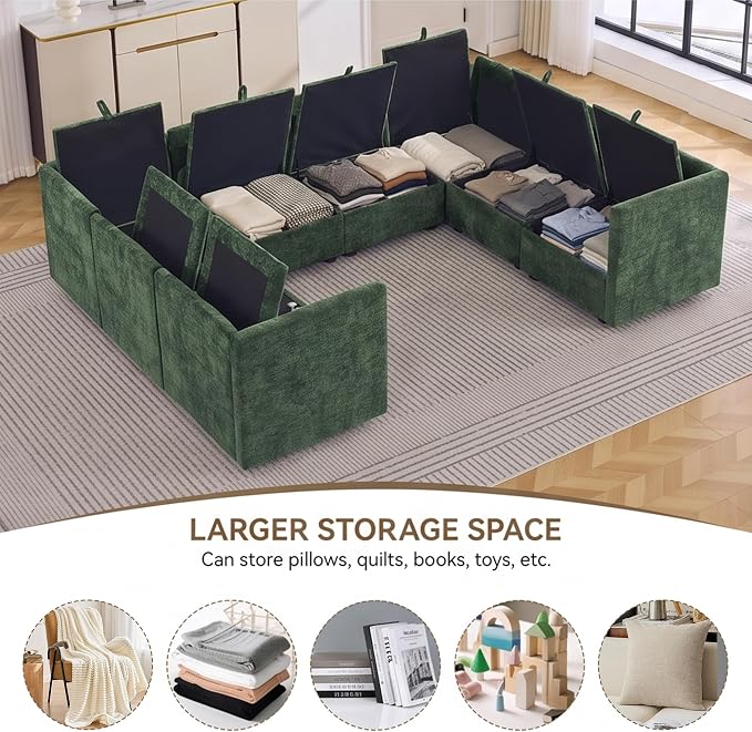 105" Green Oversized Modular Storage Sofa, U Shaped Chenille Cloud Couch | Oversized Convertible Sectional Sofa, 8-Seat Sectional Couch With Armrests, Large Cloud Couch For Living Room, Apartment.