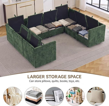 105" Green Oversized Modular Storage Sofa, U Shaped Chenille Cloud Couch | Oversized Convertible Sectional Sofa, 8-Seat Sectional Couch With Armrests, Large Cloud Couch For Living Room, Apartment.