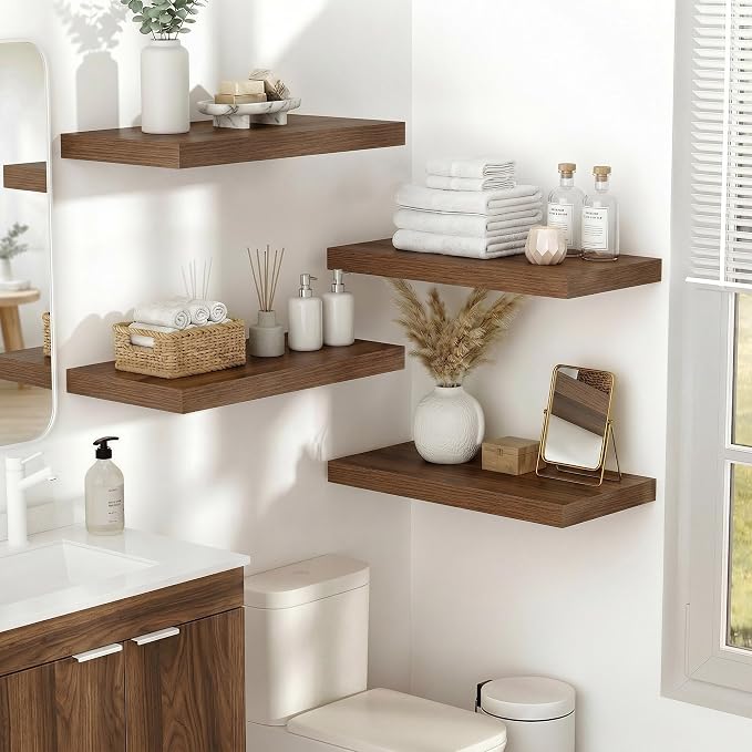 Vivelove 10 in Deep Floating Shelves for Wall, 16" x 10.2" x 1.5" Shelves for Room Wall Mounted, 1.5 Inch Thick Shelf for Bathroom Bedroom Kitchen Book Room, Modern Farmhouse Decor, Set of 2, Walnut