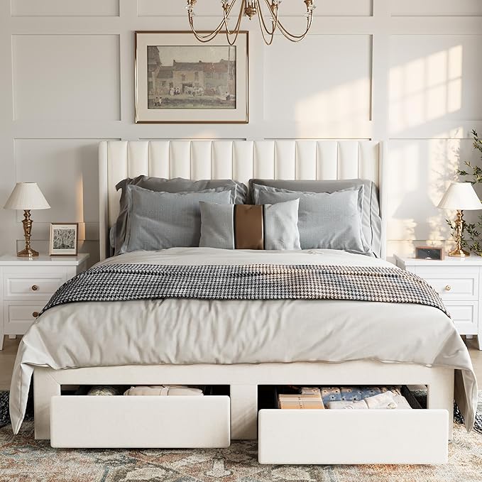GAOMON Queen Size Upholstered Platform Bed Frame with 2 Under-Bed Storage Drawers, Velvet Wingback Headboard, No Box Spring Needed, Sturdy & Noise-Free, Ivory White