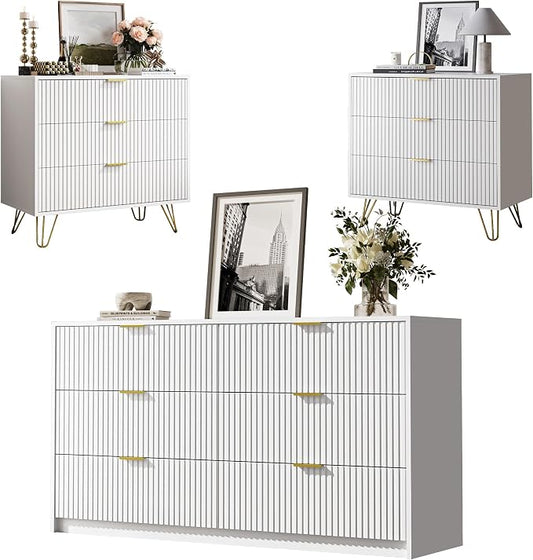 MAISONARIA 3-Piece Dresser Bedroom Set, 6 Drawer Dresser & 3 Drawer Dresser with Gold Handles, Fluted Wood Chest of Drawers for Bedroom, Living Room, Entryway, White