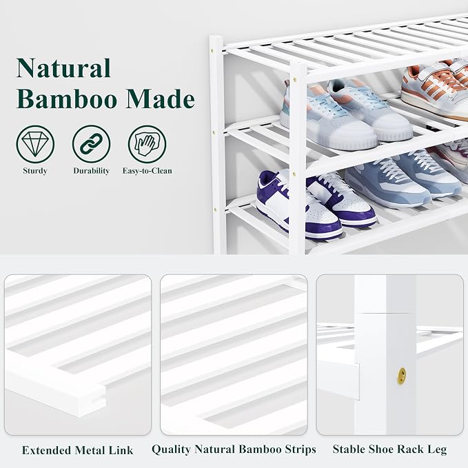 Smiry Bamboo Shoe Rack, 5 Tier Free Standing Wooden Shoe Organizer, Stackable Wood Shoe Storage Shelf for Closet, Entryway, 14 Vertical Slats, 2+2+1 Stack Heavy-Duty Legs, 26.8"x11"x32.5", White