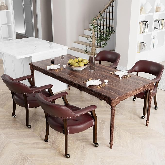 LEEMTORIG Set of 4 Large Dining Chairs with Casters and Arm, Rolling Dining Chairs with Wheels, Poker Table Chairs, Boss Caption's Chairs, 26"D x 25.2"W x 31.5"H Espresso Legs & Wine Red, XXY-1910-WR