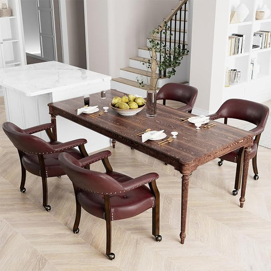 LEEMTORIG Set of 4 Large Dining Chairs with Casters and Arm, Rolling Dining Chairs with Wheels, Poker Table Chairs, Boss Caption's Chairs, 26"D x 25.2"W x 31.5"H Espresso Legs & Wine Red, XXY-1910-WR