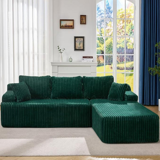 Hobestluk Boneless Couch Modular Sectional Sofa L-Shape Oversized Chaise | 108" Right Facing Chaise Green,Memory Foam,Removable Cover,Non-slip Bottom,No Assemble Required,Living Room Furniture