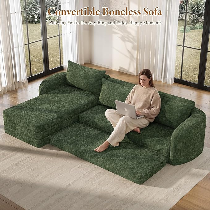 Vesgantti 110.2" Modular Sectional Sofa with Curved Armrest, 6 in 1 Convertible Folding Sleeper Sofa Bed, Chenille Boneless Couch for Living Room, No Assembly Required, Green, Left Facing Chaise