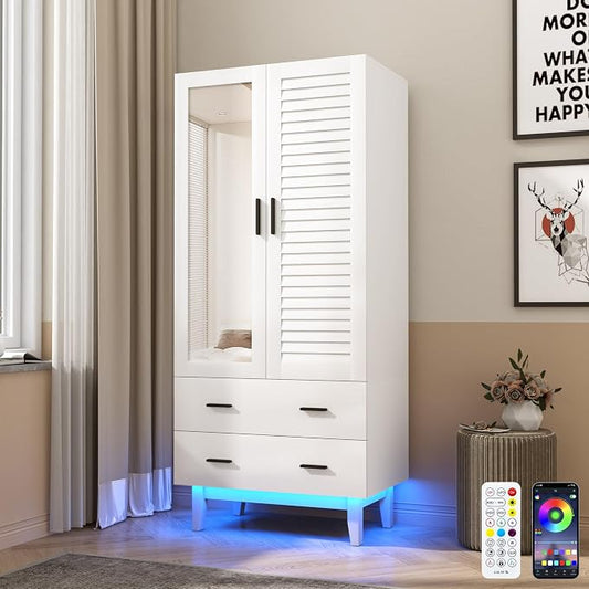 Hlivelood 2 Door Armoire Wardrobe Closet Cabinet with Mirror, Drawers and LED Lights, Multi-Tier Shelves, Hanging Rod & 2 Louver Doors, Large Capacity Storage Wardrobe Armoire for Bedroom, White