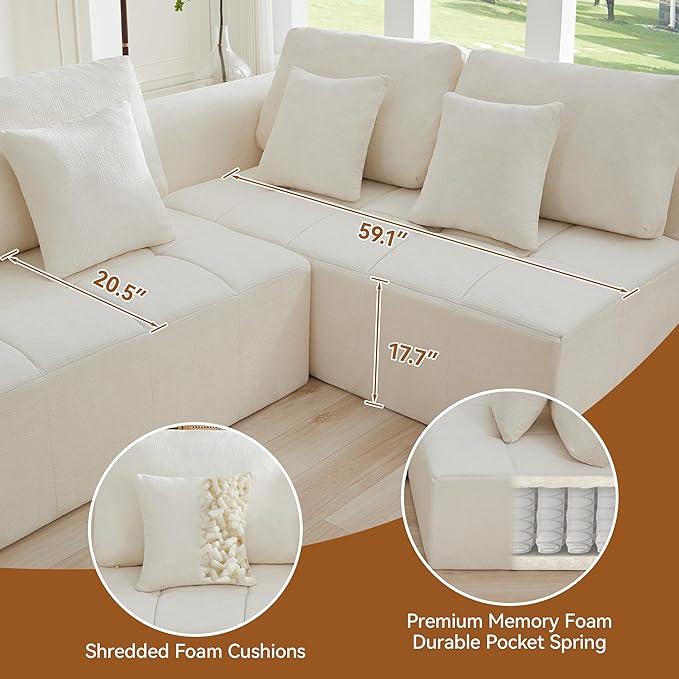 110'' Boneless Modular Couches for Living Room, Compressed Cloud Sectional Modern Sofa, L Shaped 5 Seater Upholstered Memory Foam Oversized Sofa, No Assembly, Chenille Beige