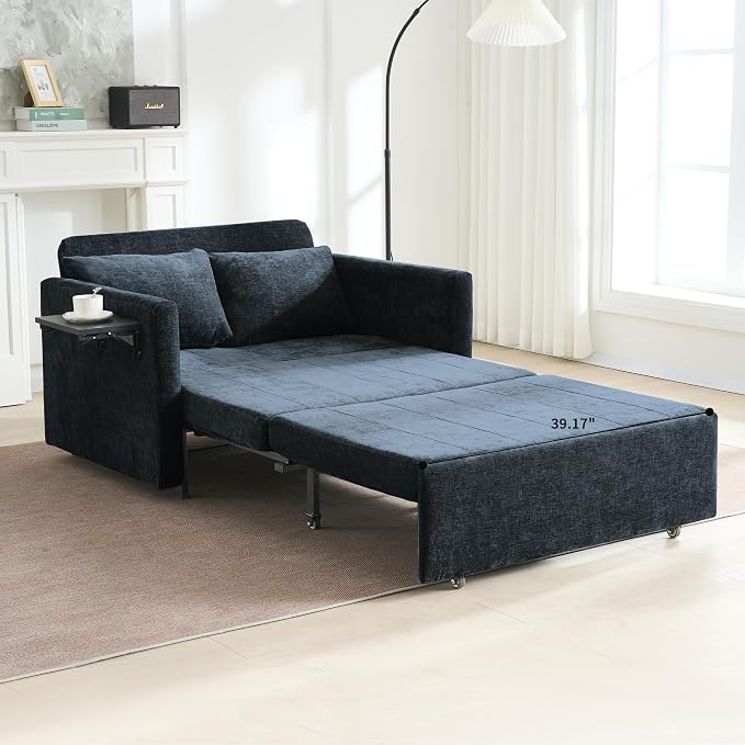 45" Oversize 3-in-1 Sleeper Chair Pull Out Bed, 75" Long Single Sleeper Sofa Bed with Wing Table and Side Pocket for Living Room, Bedroom, Small Space, Blue