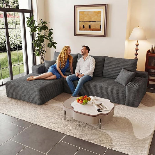 95" Cloud Sectional Couch with L-Shape Chaise, Modular Comfy Sofa Chaise Longue, Upholstered Corduroy Couches Sleeper with Deep Seat for Living Room Bedroom, No Assembly Required(Grey, Left Facing)