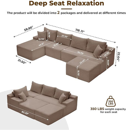 Mangodan 118'' Cloud Sectional Couch, U Shaped Boneless Couches for Living Room, Modular Sectional Sofa with Deep Seat Light Facing Chaise, Comfy Cloud Couch Sofa, Camel