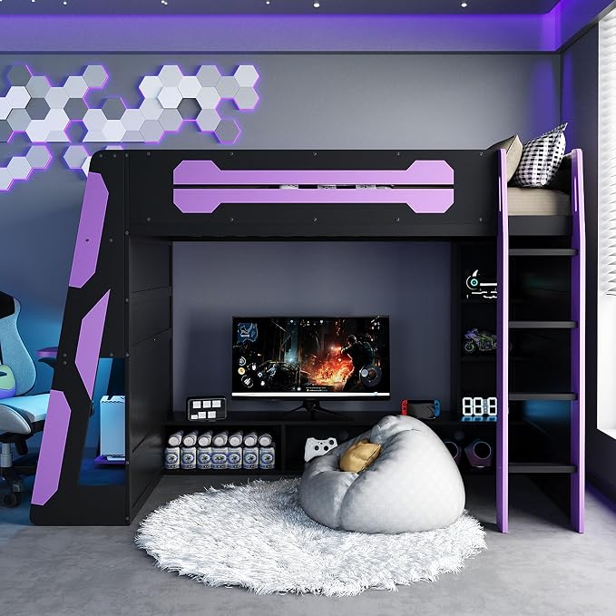 Merax Twin Size Loft Bed with Desk, Multi-Storage Shelves and RGB Light | Space-Saving Wooden Gaming Bed Frame with Charging Station and Guardrail