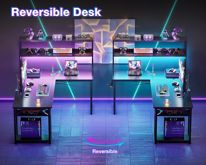 ODK 53" L Shaped Gaming Desk with Hutch & Headphone Hook, Corner Computer Table with Storage Shelves for Home Office, Black