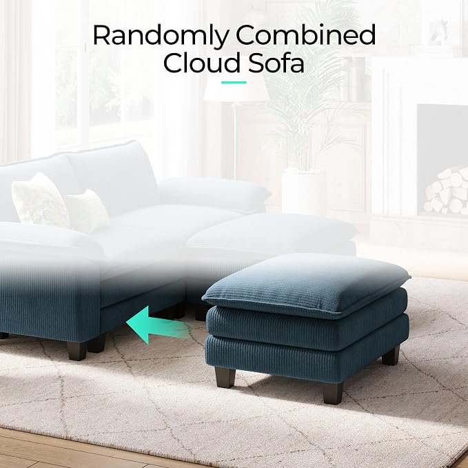 LINSY HOME 90'' Modular Sectional Sofa 2 Seat Couch Corduroy Cloud Couch with Deep Seat, Modern Cloud Couch with 2 Movable Ottoman for Living Room, Office, Bedroom, Blue