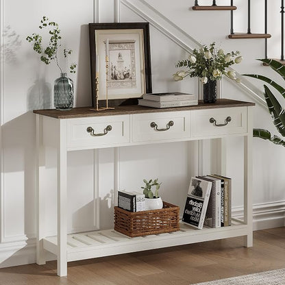 ChooChoo 47" Farmhouse Console Table with 3 Drawers, Rustic Entryway Table, Narrow Long Sofa Table for Living Room, Hallway, Behind Couch, Soft White and Brown