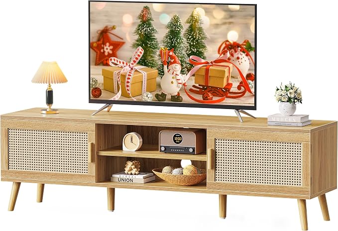 SUPERJARE Boho TV Stand for 65 Inch TV, Entertainment Center with Adjustable Shelf, Rattan TV Console with 2 Cabinets, Media Console, Solid Wood Feet, 4 Cord Holes, for Living Room - Natural
