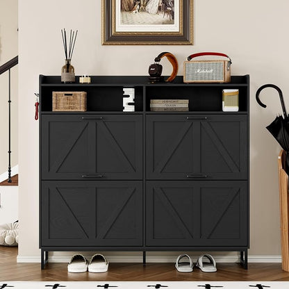 BORNOON Shoe Cabinet with 4 Flip Drawers Narrow Shoe Storage Cabinet Organizer Wooden Freestanding Shoe Rack Hidden Slim Shoes Storage Cabinet for Entryway, Hallway, Living Room, Bedroom