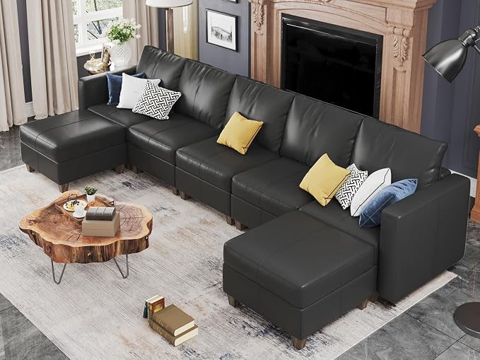 EASE MOOSE Faux Leather Sectional Couch Sofa with Storage,Faux Leather Modualr Sectional Sofa Black U Shaped Modular Couch