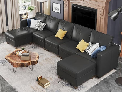 EASE MOOSE Faux Leather Sectional Couch Sofa with Storage,Faux Leather Modualr Sectional Sofa Black U Shaped Modular Couch