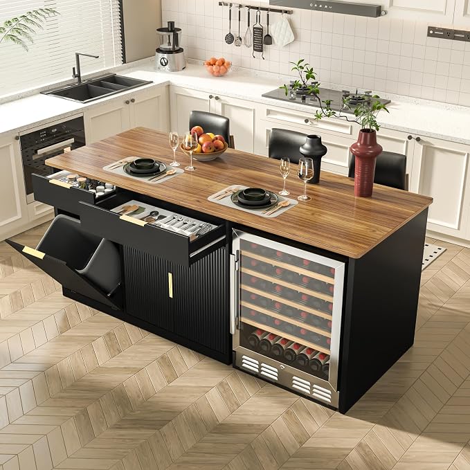 GDLF 75.6" W Large Kitchen Island with Storage and Fridge Space, Modern Kitchen Bar Island Table with Drawers and Trash Bin Space