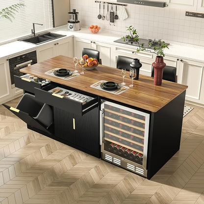 GDLF 75.6" W Large Kitchen Island with Storage and Fridge Space, Modern Kitchen Bar Island Table with Drawers and Trash Bin Space