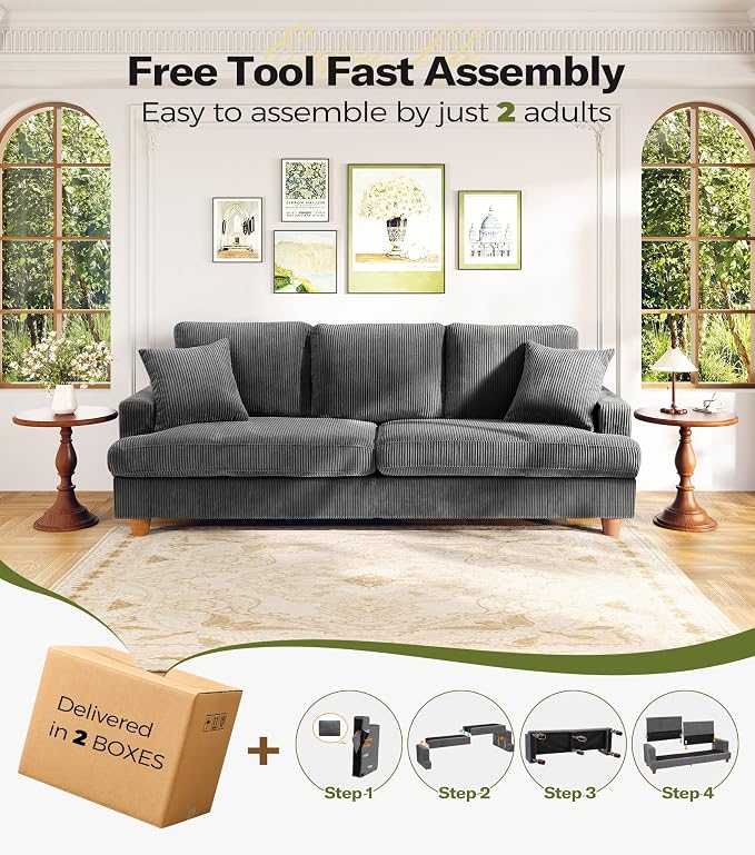 Kidirect 87in U Shaped Couch, Modular Sofa No Tool Assembly, Comfy Sectional Couches for Living Room 21in Deeper Seats, Corduroy Sofas for Living Room with 2 Pillows, Loveseat Sofa Set, Grey Couch