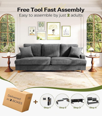 Kidirect 87in U Shaped Couch, Modular Sofa No Tool Assembly, Comfy Sectional Couches for Living Room 21in Deeper Seats, Corduroy Sofas for Living Room with 2 Pillows, Loveseat Sofa Set, Grey Couch