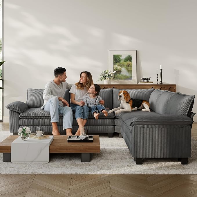 LINSY HOME Modular Sectional Sofa 5 Seat Couch Corduroy Cloud Couch with Deep Seat, Modern V-Shaped Cloud Couch for Living Room, Office, Bedroom, Grey