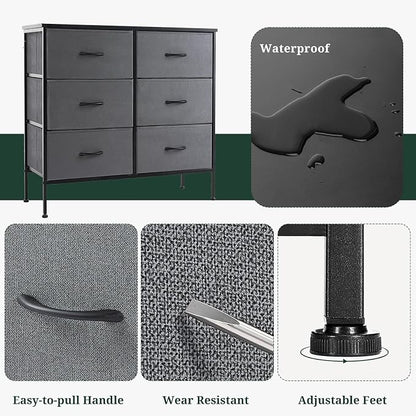 6-Drawer Dresser for Bedroom, Anti-Tip Wide Storage Organizer Chest of Drawers with Wooden Top and Metal Frame Fabric Bins for Closet, Living Room, Hallway, Entryway, Gray