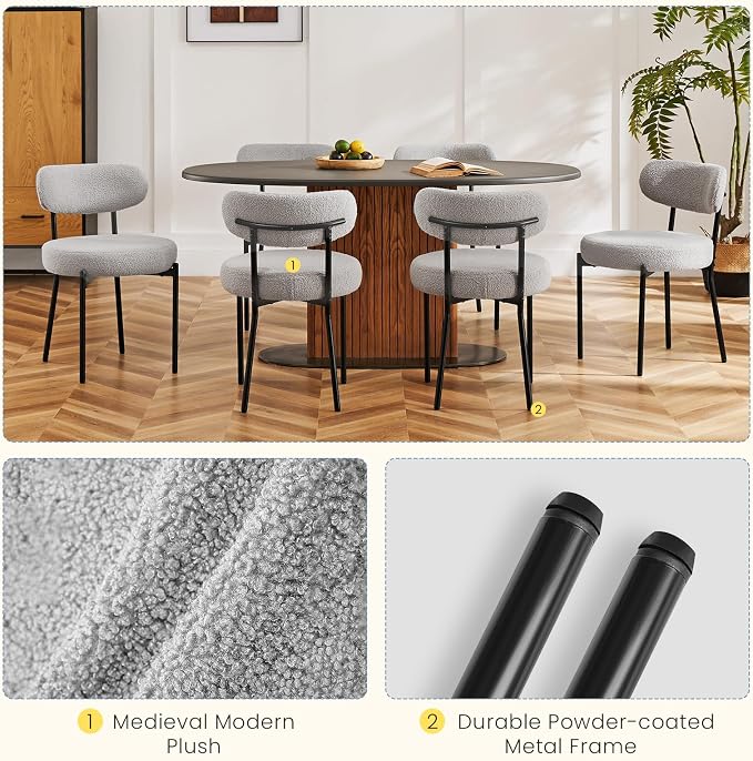 DUMOS Dining Chairs Set of 2, Mid Century Modern Chair Round Upholstered Curved Backrest, Kitchen Vanity Living Room Chairs with Black Metal Legs，Light Grey